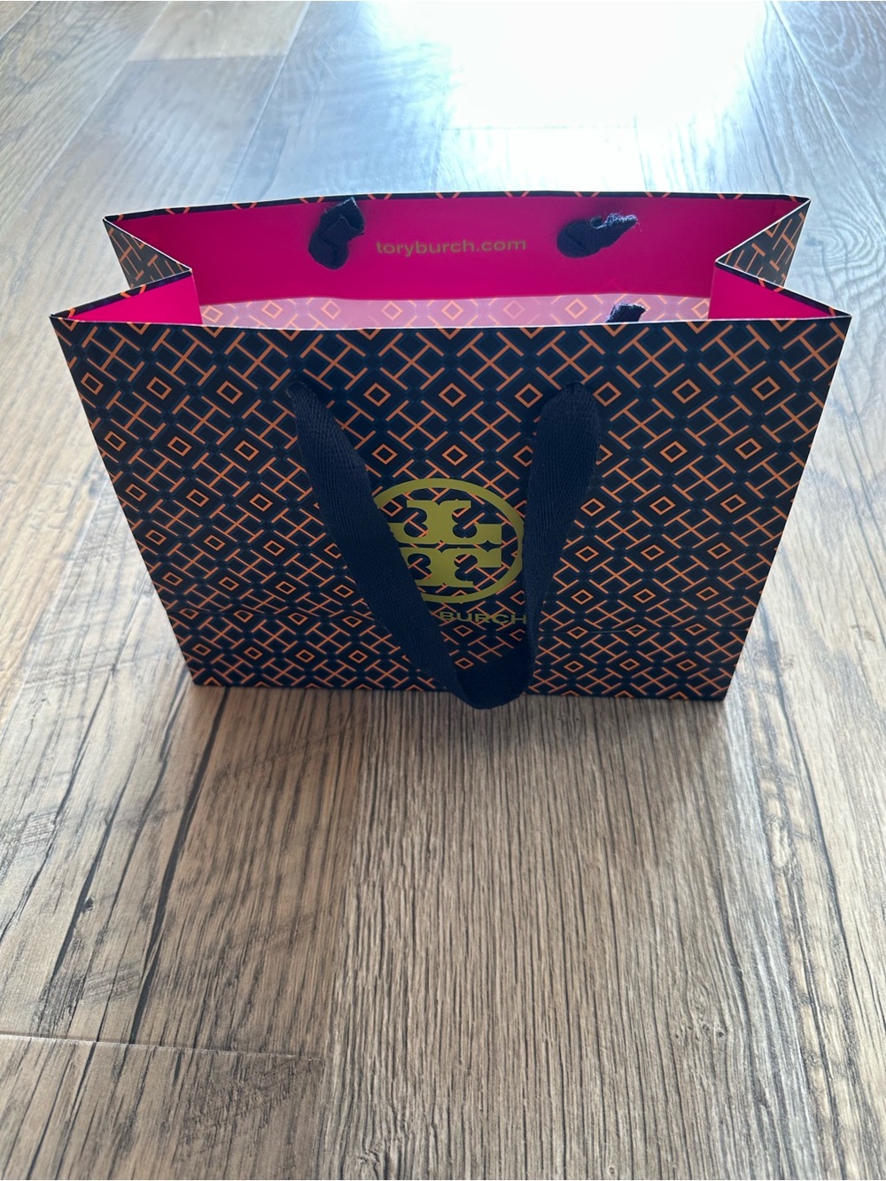 Tory Burch Navy Tote with Yellow Geometric Print and Lime Logo